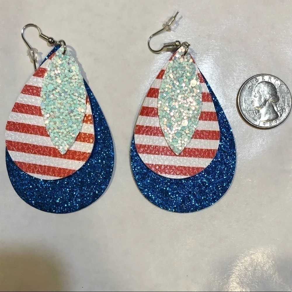 New! Lightweight Faux Leather Drop 3 Layer Patriotic Red Dangle Earrings